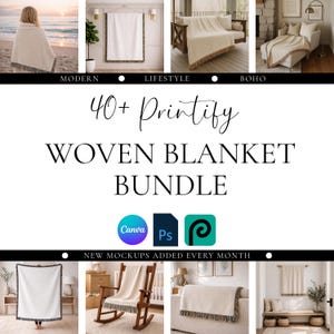 May include: A woven blanket bundle with multiple lifestyle mockups. The blanket is shown in various settings, including a modern beach scene, a boho-style living room, and on a rocking chair. The text reads "40+ Printify Woven Blanket Bundle."