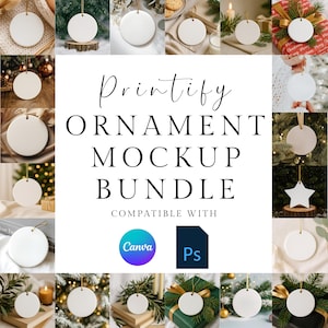 May include: A mockup bundle featuring various white ceramic ornaments with gold hanging strings. The ornaments are displayed in different settings, including on a wooden base, wrapped gifts, and near festive decorations. The text "Printify ORNAMENT MOCKUP BUNDLE" is displayed.