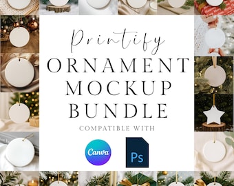 Christmas Ornament Mockup Bundle, Round Ceramic Ornament Mock Up, Print on Demand Ornament with Gold String, Whole Shop Bundle PSD Canva PNG