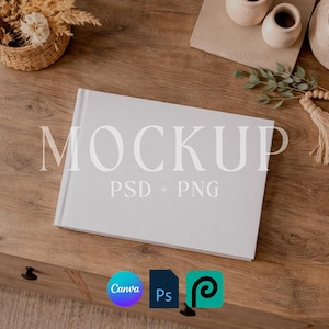 May include: A white book mockup with the word "MOCKUP" in large, light gray letters. Below the word "MOCKUP" are the words "PSD + PNG". The book is on a wooden surface. The Canva, Photoshop, and Procreate logos are at the bottom.