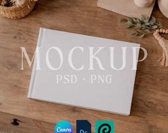 Mockup di fotolibro con copertina rigida, mockup di album fotografico, modello Canva scaricabile digitalmente, oggetto avanzato PSD, libro degli ospiti PNG, album fotografico di matrimonio