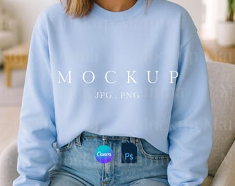 Hydrangea Comfort Colors 1466 Mockup, Sweatshirt Comfort Colors, Blauw Sweatshirt Mock-up, 1466 Mockup Ronde Hals, Print on Demand