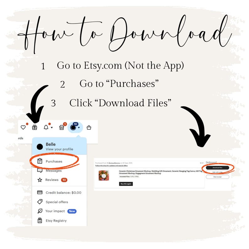 May include: A guide on how to download files from Etsy. The image shows the steps: go to Etsy.com, go to Purchases, and click Download Files. The text is in a handwritten style with arrows pointing to the relevant sections.