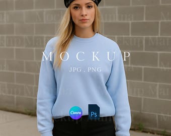 Hydrangea Comfort Colors 1466-mockup, lichtblauwe sweater comfortkleuren, bruin sweatshirt-mock-up, 1466-mockup met ronde hals, print on demand