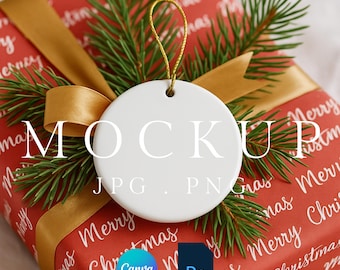 Ceramic Christmas Ornament Mockup, Wedding Gift Ornament, Ceramic Hanging Tag Canva, Gift Tag Ornament Mockup, Engagment Ornament Mockup
