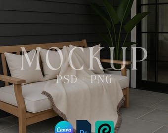 Mockup di coperta tessuta, mockup di coperta tessuta personalizzata, mockup di coperta tessuta stampabile su richiesta, oggetti avanzati di Photoshop in formato PSD, cornici trascinabili di Canva