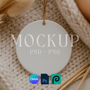 Ceramic Christmas Ornament Mockup, Ornament Stock Photo, Print on Demand Ornament with Gold String, Canva Template PNG, Hanging Gift Tag