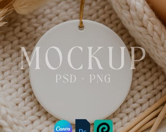 Ceramic Christmas Ornament Mockup, Ornament Stock Photo, Print on Demand Ornament with Gold String, Canva Template PNG, Hanging Gift Tag