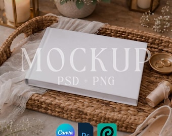 Mockup di fotolibro con copertina rigida, mockup di album fotografico, modello Canva scaricabile digitalmente, oggetto avanzato PSD, libro degli ospiti PNG, album fotografico di matrimonio