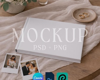 Mockup di fotolibro con copertina rigida, mockup di album fotografico, modello Canva scaricabile digitalmente, oggetto avanzato PSD, libro degli ospiti PNG, album fotografico di matrimonio