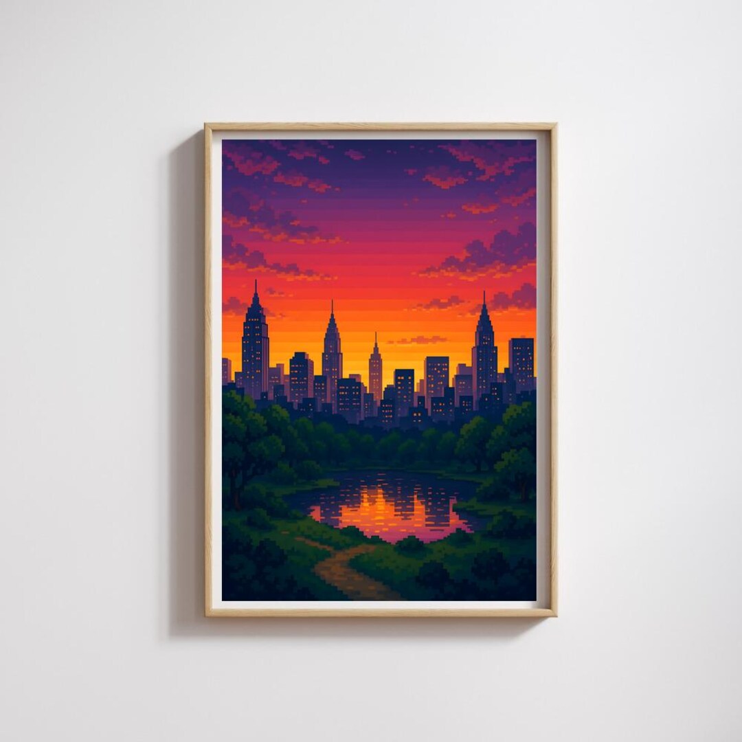Pixel Art City Skyline at Sunset With Park Lake Reflection, Retro 8 Bit ...