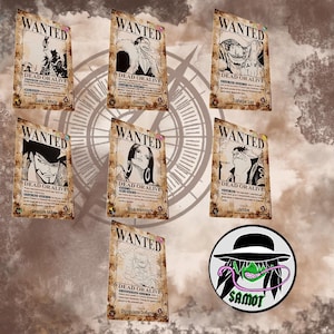 Puede incluir: Una colección de carteles de "Se Busca" con avisos de "Muerto o Vivo", que presentan varios personajes. Los carteles tienen un aspecto vintage y envejecido. La imagen incluye un logotipo circular con un personaje de dibujos animados y la palabra "SAMOT".