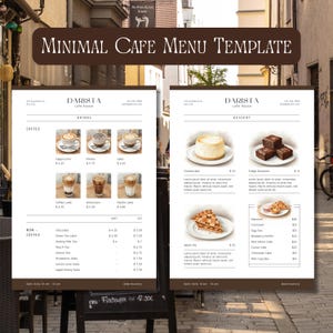 Może przedstawiać: Minimalistyczny szablon menu kawiarni z brązowym nagłówkiem. Menu zawiera napoje kawowe, desery i inne napoje. Menu zawiera akwarelowe ilustracje kawy, sernika i szarlotki. Nazwa kawiarni to Darista.