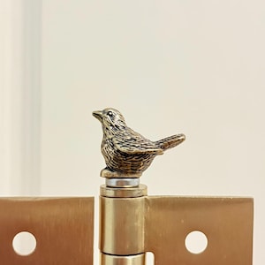May include: A brass door hinge featuring a detailed bird ornament. The bird is perched atop the hinge, which has a rectangular design with screw holes. The background is a plain white, highlighting the metallic finish of the hinge.