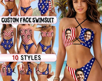 Personalized Custom Face Photo Bikini, American Flag Swimsuit, Fourth of July Beach Vacation Swimwear, Independence Day Gift