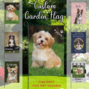 May include: Custom garden flags featuring adorable dog portraits. The flags display names like "Max," "Charlie," and "Bella," along with paw prints and dates. The main flag has a light brown dog with the name "Max" and paw prints. The text "Flag ONLY Pole NOT Included" is also visible.