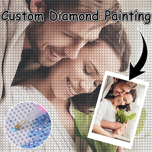 May include: A custom diamond painting in progress, featuring a couple embracing. The image includes a close-up of the diamond painting process with a tool and a section of the canvas. The words "Custom Diamond Painting" are at the top.