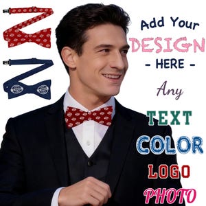 May include: A man wearing a dark suit and a patterned bow tie. The bow tie is red with a white circular pattern. Additional bow ties are displayed, one red and one navy blue, with a logo.
