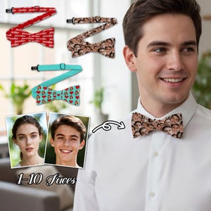 May include: A selection of bow ties with various designs. One bow tie features a pattern of faces, while others display text and heart patterns. The image also includes two portraits and the text "1-10 Faces".