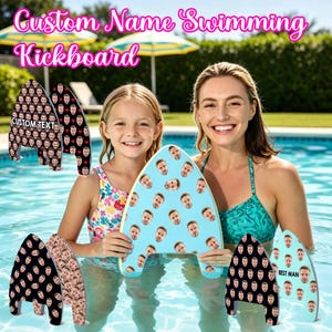 May include: A swimming kickboard featuring a repeating pattern of a person's face on a light blue background. The text "CUSTOM TEXT" and "BEST MAN" are printed on different versions of the board. The board has a rounded top and two bottom prongs.