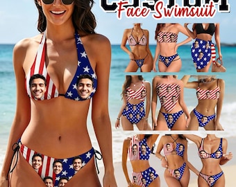 Custom Face American Flag Bikini, US Flag Personalized Swimsuit, Patriotic 4th Of July Swim Gift, Gift For Girlfriend Wife