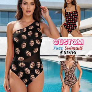 May include: Black one-shoulder swimsuit with a pattern of smiling faces. The swimsuit has a mesh panel and is one of three styles shown. The text "CUSTOM Face Swimsuit 3 STYLES" is also visible.