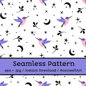 Seamless Hummingbird Celestial Pattern EPS JPG, Birds Moon Stars Leaves Repeat Pattern for Fabric, Wrapping Paper, Digital Download