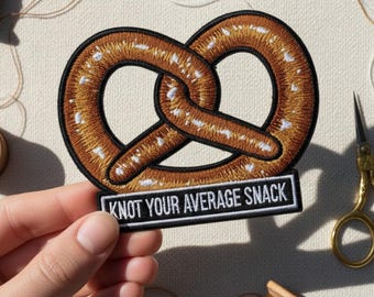 Knot Your Average Snack Embroidered Patch – Pretzel Iron-On Patch for Jackets, Bags & Food Lovers