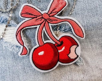 Cherry Bow Embroidered Patch – Red Cherries Iron-On Patch