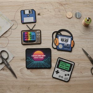 Patch bordado personalizado com música – Design retrô de toca-fitas