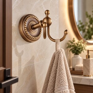 Puede incluir: Un gancho doble de pared con acabado en latón antiguo, que presenta una base circular con un borde estilo cuerda y un poste central con dos brazos curvos. Una toalla de algodón beige texturizada cuelga del gancho inferior del accesorio.