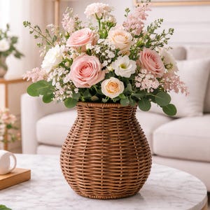 Puede incluir: Un arreglo floral en un jarrón de mimbre marrón. El ramo presenta rosas rosas, blancas y melocotón, con vegetación y flores pequeñas. El jarrón está sobre una mesa de centro con tapa de mármol.