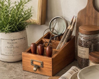 Rustic Wooden Desktop Organizer with 3 Compartments | Farmhouse Desk Caddy, Vintage Office Storage Box, Cottagecore Home Decor Gift
