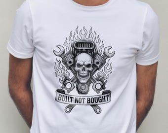 Camiseta "Construido, no comprado": camiseta de coche con calavera de mecánico, camiseta de taller de hot rods, regalo para entusiastas de los engranajes