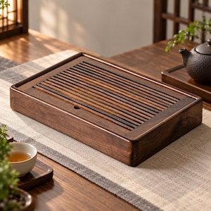 Puede incluir: Una bandeja de té rectangular de madera marrón oscuro con un diseño de superficie de listones. La bandeja tiene un marco sólido con una sección superior extraíble que incluye listones horizontales paralelos para el drenaje.