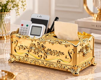 Gold Acrylic Tissue Box Holder, Ornate Rose Embossed Rectangular Tissue Cover for Bathroom, Bedroom, Living Room & Vanity Decor