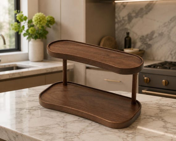 2 Tier Wooden Vanity Organizer, Walnut Wood Makeup Storage Stand, Tiered Tray Perfume Display Shelf, Minimalist Gift for Her
