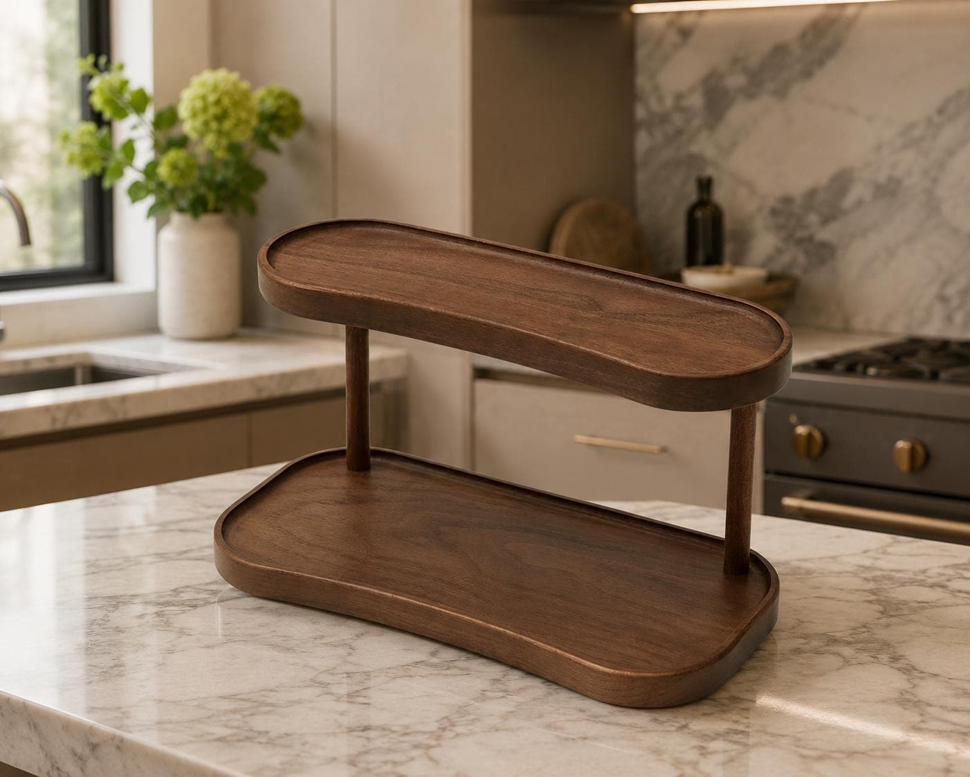 2 Tier Wooden Vanity Organizer, Walnut Wood Makeup Storage Stand, Tiered Tray Perfume Display Shelf, Minimalist Gift for Her