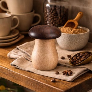 Puede incluir: Un salero o pimentero de madera con forma de hongo, con una parte superior marrón oscuro y un cuerpo marrón claro. El agitador está sobre una superficie de madera con granos de café y especias cerca. Decoración de cocina.