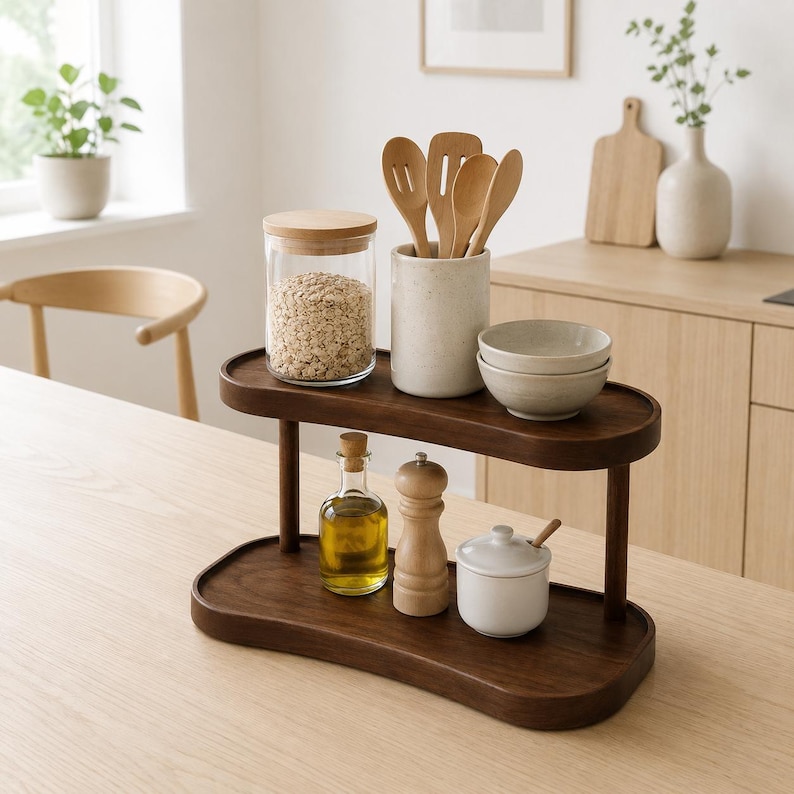 May include: A two-tiered dark wood storage shelf with rounded edges. The top tier holds a glass jar with a wooden lid filled with oats, a speckled ceramic utensil holder with wooden spoons, and two stacked bowls. The bottom tier holds an oil bottle.