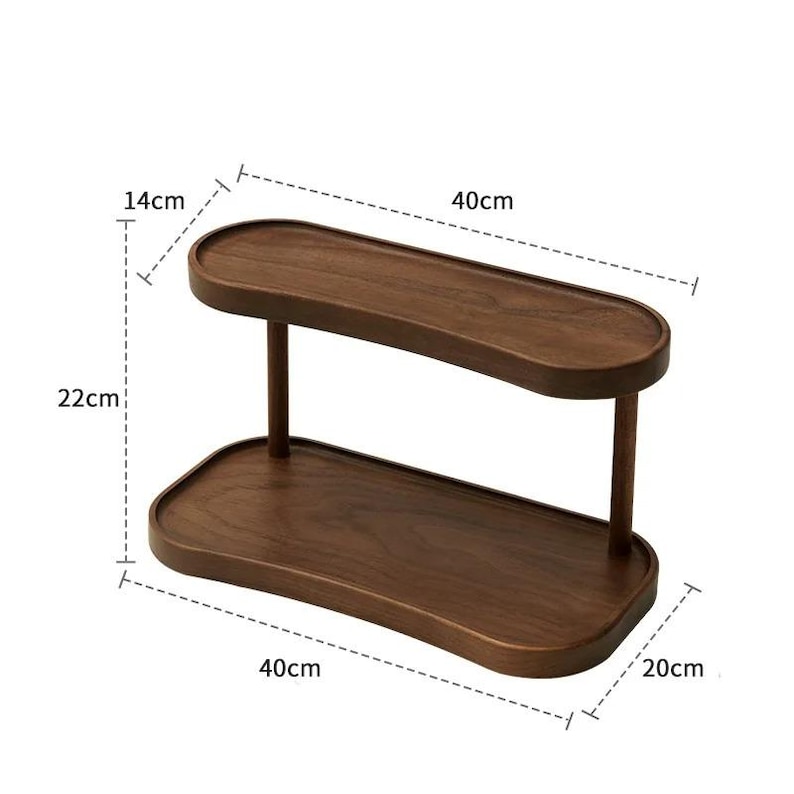 May include: A two-tier wooden display stand with a dark brown finish. The stand features two oval-shaped shelves connected by two vertical supports. Dimensions are clearly marked as 40cm in length, 20cm in width, 14cm in depth, and 22cm in height.