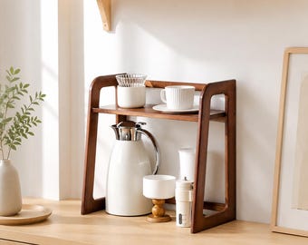 Walnut 2-Tier Coffee Station Shelf | Wooden Desktop Organizer for Coffee Bar, Tea Station, Kitchen Counter Storage Rack