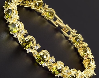 RIZILIA BLOSSOM August Birthstone Tennis Bracelet • Peridot Green CZ • 18K Gold/White Gold • 7"