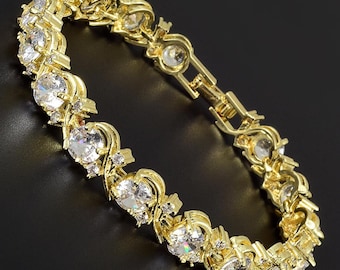 RIZILIA BLOSSOM April Birthstone Tennis Bracelet • Clear Diamond CZ • 18K Gold/White Gold • 7"