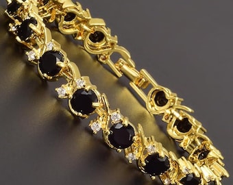RIZILIA BLOSSOM July Birthstone Tennis Bracelet • Black Onyx CZ • 18K Gold/White Gold • 7"