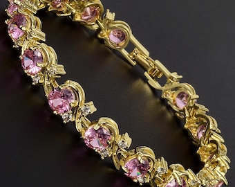 RIZILIA BLOSSOM October Birthstone Tennis Bracelet • Pink Sapphire CZ • 18K Gold/White Gold • 7"