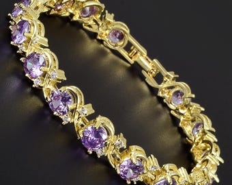 RIZILIA BLOSSOM June Birthstone Tennis Bracelet • Alexandrite Purple CZ • 18K Gold/White Gold • 7"