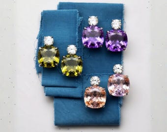 RIZILIA Cushion Cut Stud Earrings • 18K White Gold Plated CZ • Multi-Color Simple Studs