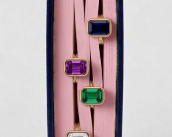 RIZILIA CELEBOX Emerald Cut Solitaire Ring • 18K Yellow Gold Plated CZ • Multi-Color Bezel Ring