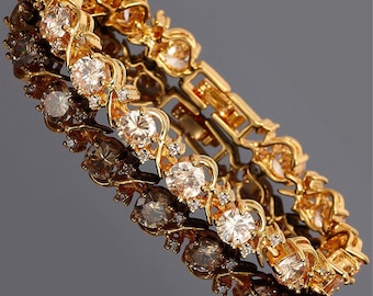RIZILIA BLOSSOM November Birthstone Tennis Bracelet •Champagne Topaz  CZ • 18K Gold/White Gold • 7"